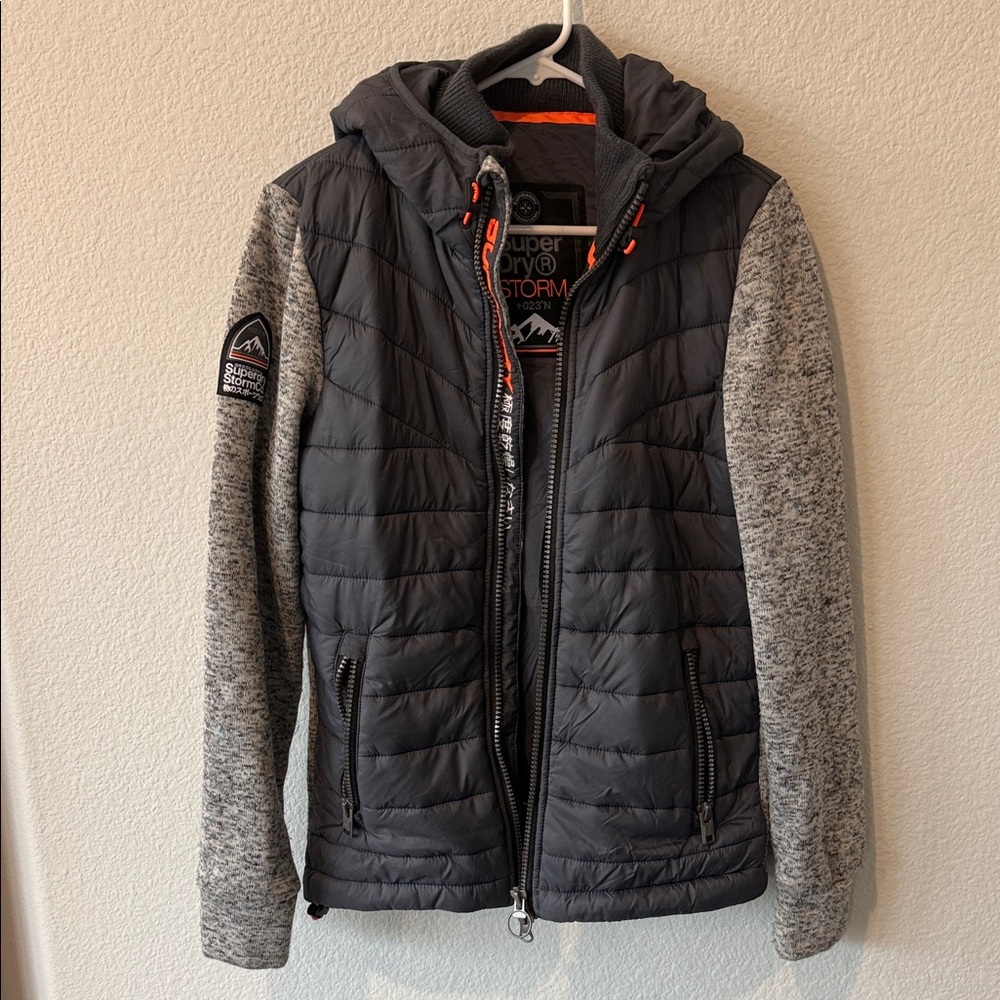 SuperDry Storm Men’s S Gray Quilted Jacket with Hood